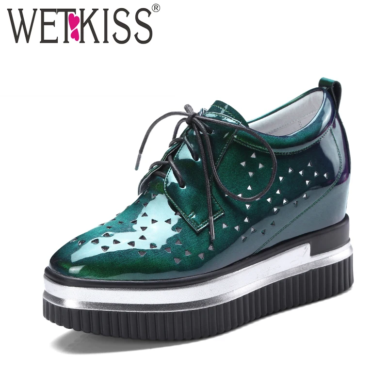 

WETKISS Fashion Casual Flats Women Square Toe Patent Pu Cutout Footwear 2019 Spring New Platform Sneaker Insert Shoes Ladies