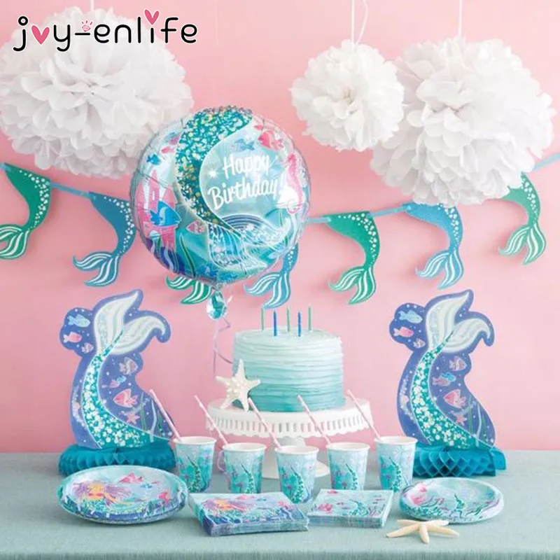 JOY-ENLIFE Mermaid Theme Party Tablecloths Kids Birthday Party Supplies Table Cover Birthday Party Decoration Supplies 100x180cm