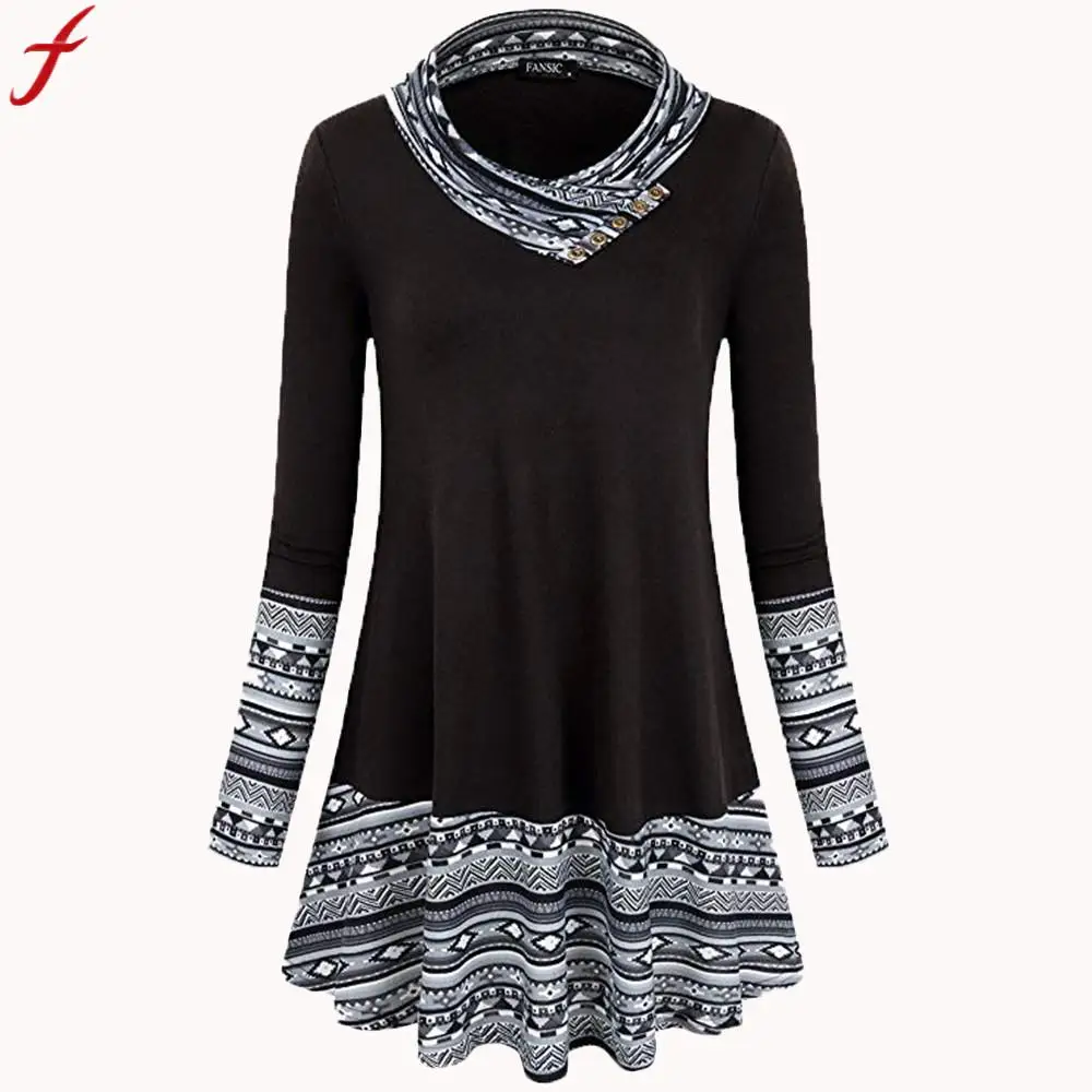 

womens tops and blouses 2019 Autumn Casual Long Sleeve Button Tunic Shirt Loose Round Neck Patchwork Blouse And Shirt chemise
