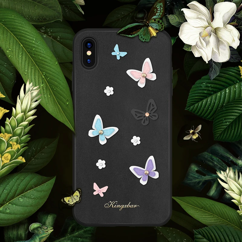 Kingxbar кожаный силиконовый чехол с 3D бабочкой для iPhone X XS MAX XR модная задняя крышка чехол с кристаллами и бриллиантами