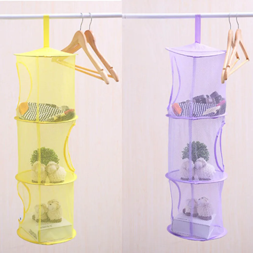 

1PC 3 Layers Folding Storage Hanging Laundry Basket Multi Color Mesh Clothes Storage Cage Toy Storage Organizer Bag Home Decor