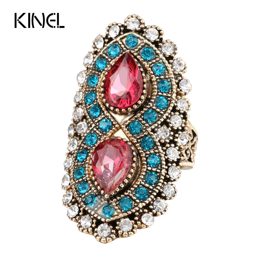 Женское Винтажное кольцо с голубым кристаллом розовое в богемном стиле золотой