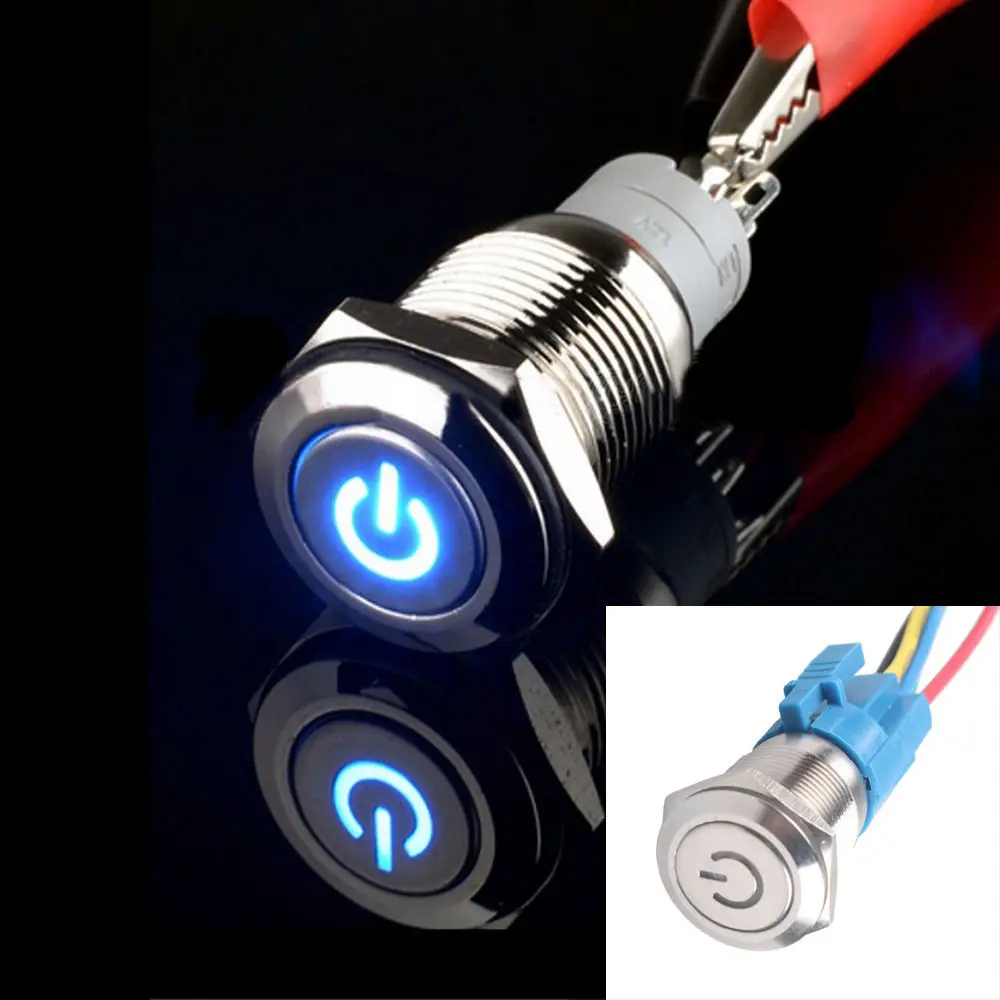AT 16mm 12V 3A Car Blue LED Metal Push Button Toggle Switch Socket Plug