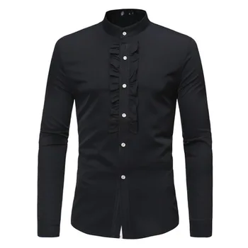 

Vintage Men's Shirts Stand Collar Ruffled Tops Black White Cotton Formal Shirts