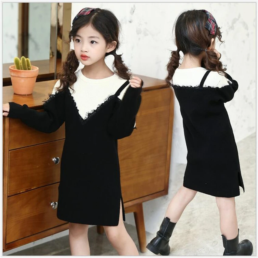 

High Quality Girls Lace Dress Autumn Winter Baby Girls Clothes Teenage Girls Thick Warm Kids Sweater Dress Party Princess Dress