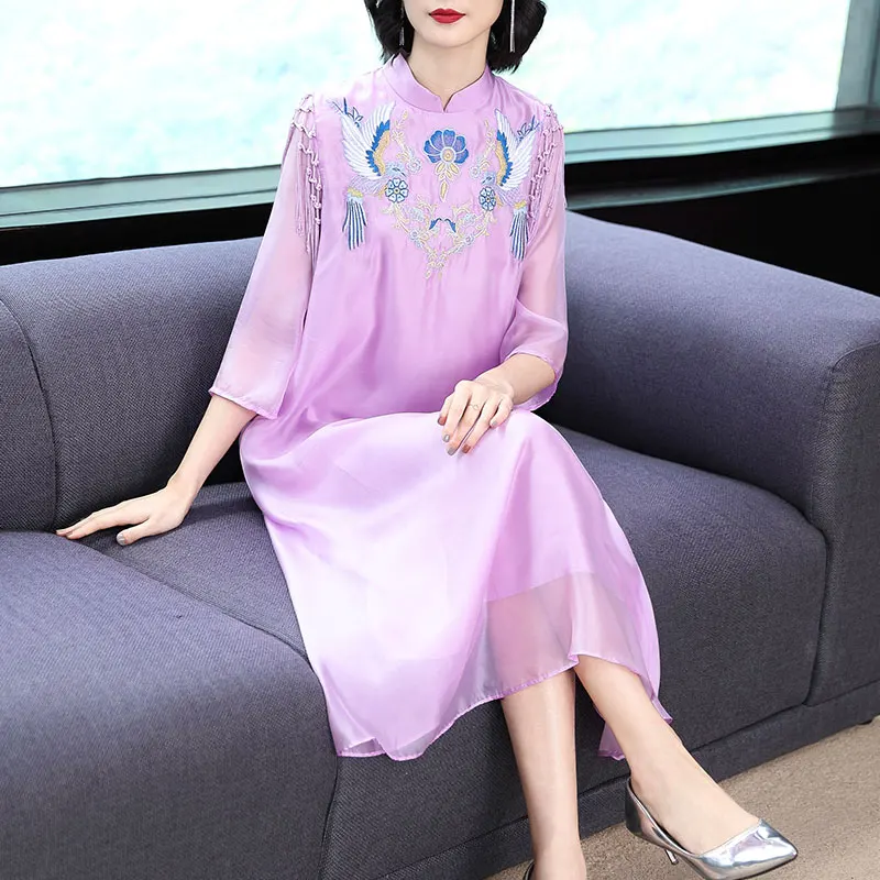 

Purple Chinese Style Dress Women Embroidery Floral Party Dresses Robe Midi Plus Size Large Elegant Vintage 2019 Summer Clothing
