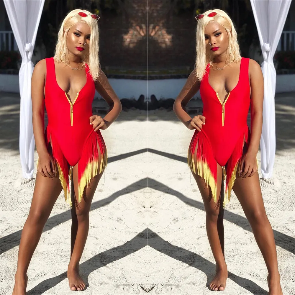 BKLD Sleeveless Tank Top Bodysuit 2019 Summer Romper Sexy Party Clubwear Zipper Deep V Neck Bodysuit Women Tassel Red Bodysuit bkld leopard print bodysuit one piece swimsuit women bikini deep v neck 2020 beach rompers summer sexy backless neon bodysuit