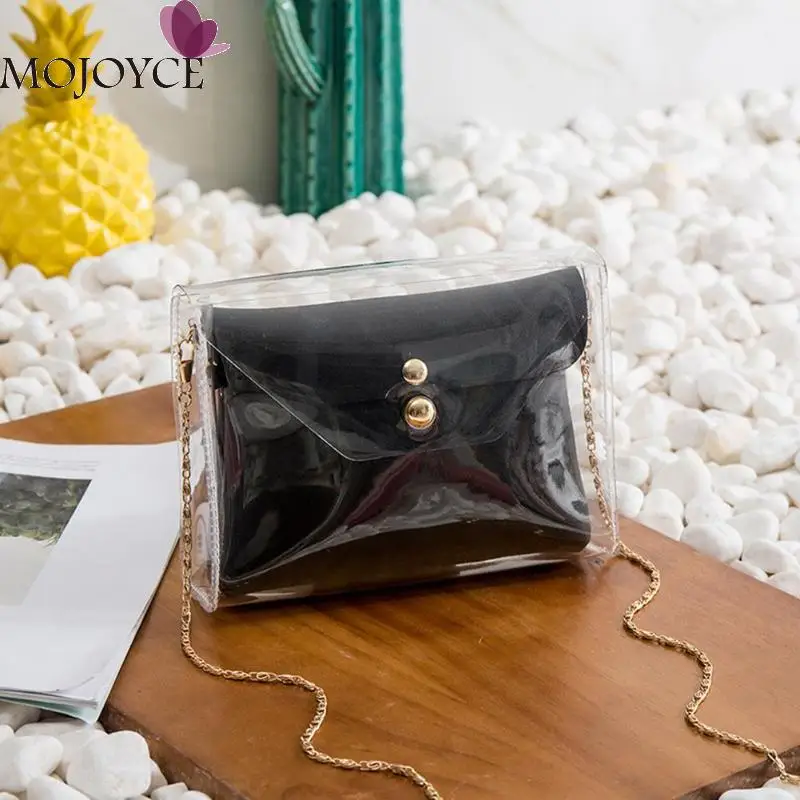 

2 pcs/set Women Transparent Chain Handbags Casual Clear PU Clutch Packs Shoulder Bags Solid Female Portable Wedding Party Purses