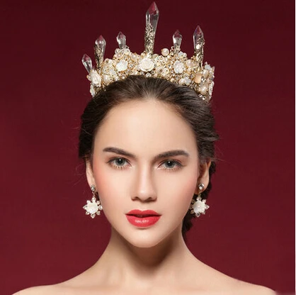 

Continental retro crystal crown Queen bride wedding hair accessories big white crystal tiara Baroque crowns with earrings
