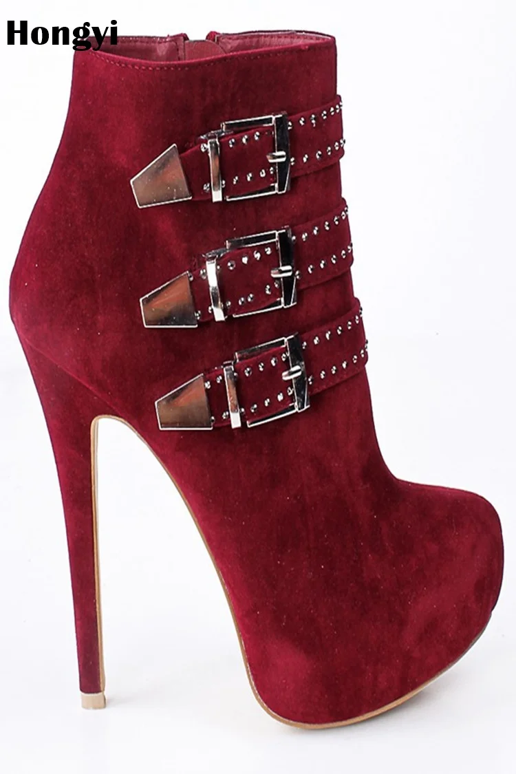 

New Arrival Winter Thick Platform Suede Leather Short Boots Thin High Heel Buckle Designer Crystal Bota Plus size 43