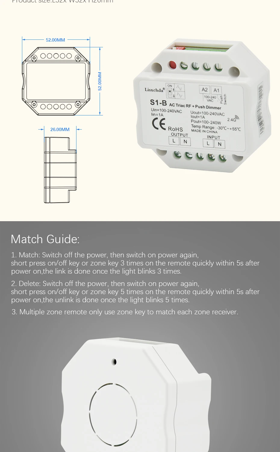 S1-B AC110v 220V 240V AC Triac RF Диммер выход 100-240VAC 1A 240W кнопочный диммер