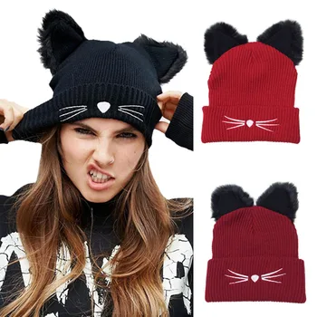

Fashion Winter Women Woolen Knitting Cap Faux Fur Horns Cat Ear Crochet Braided Warm Beanie Lady Girl Casual Knitted Hat New