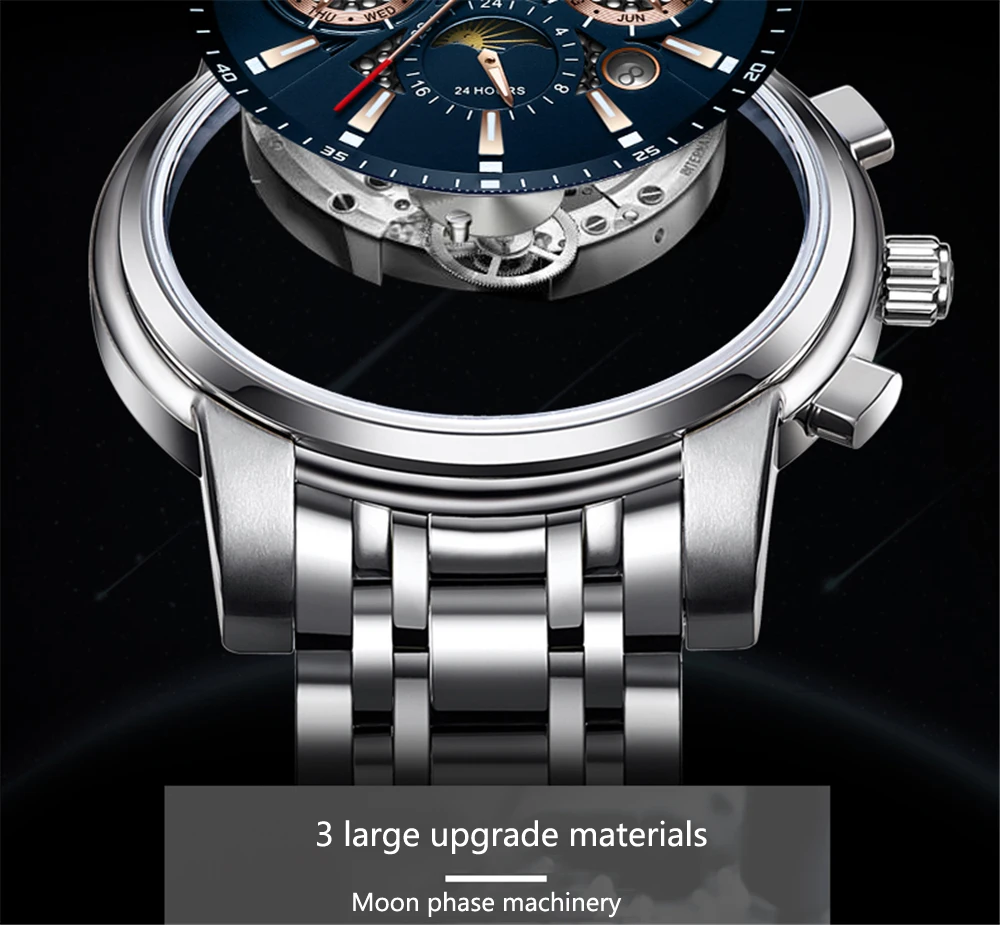 LOREO многофункциональные автоматические механические мужские часы Лидирующий бренд Роскошные бизнес часы чехол из нержавеющей стали спортивные часы relogio