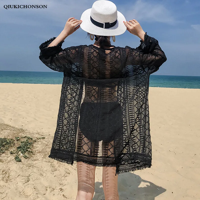 Bohemian Tassel Chiffon Blouse Women Summer Seven Sleeve Embroidery LaceTops Ladies Beach Kimono Cardigan Sun-proof Cover Ups women beach lace panel open front beach kimono cover up white