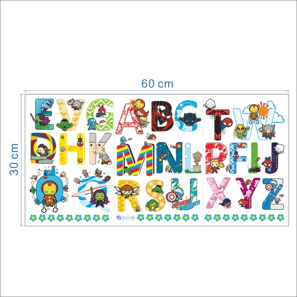 Disney Marvel The Avengers Alphabet Wall Stickers A To Z 26 Letters DIY Decal For Kids Room Bedroom Accessories Learning poster