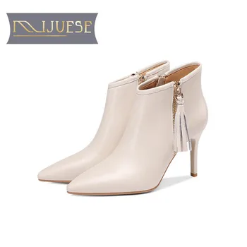 

MLJUESE 2019 women ankle boots cow leather fringe beige color winter fur warm boots thin heel high heels women boots party dress