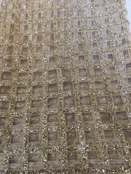 

BZL-93103 French Net Lace fabric in gold color for evening dress hot sale glued glitter French tulle Material Net Lace fabric