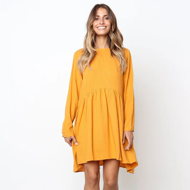 

Johnature Women Cotton Linen Dress O-Neck Long Sleeve Solid Color 2019 Spring New Casual Fold Loose Women Cloths Button Dress