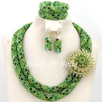 

Handmade African Jewelry Set Dubai Costume Nigerian Green Wedding Bridal Crystal Beads Jewelry Set Hot Free Shipping ABY556