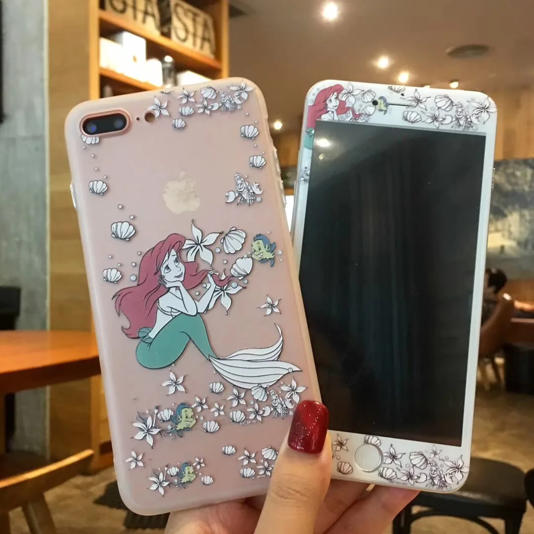 

For iphone 6 6S 7 8 plus PC+TPU Hard Phone Case+Screen Protector 3D 9H Tempered Glass Film Rapunzel Alice Princess Mermaid