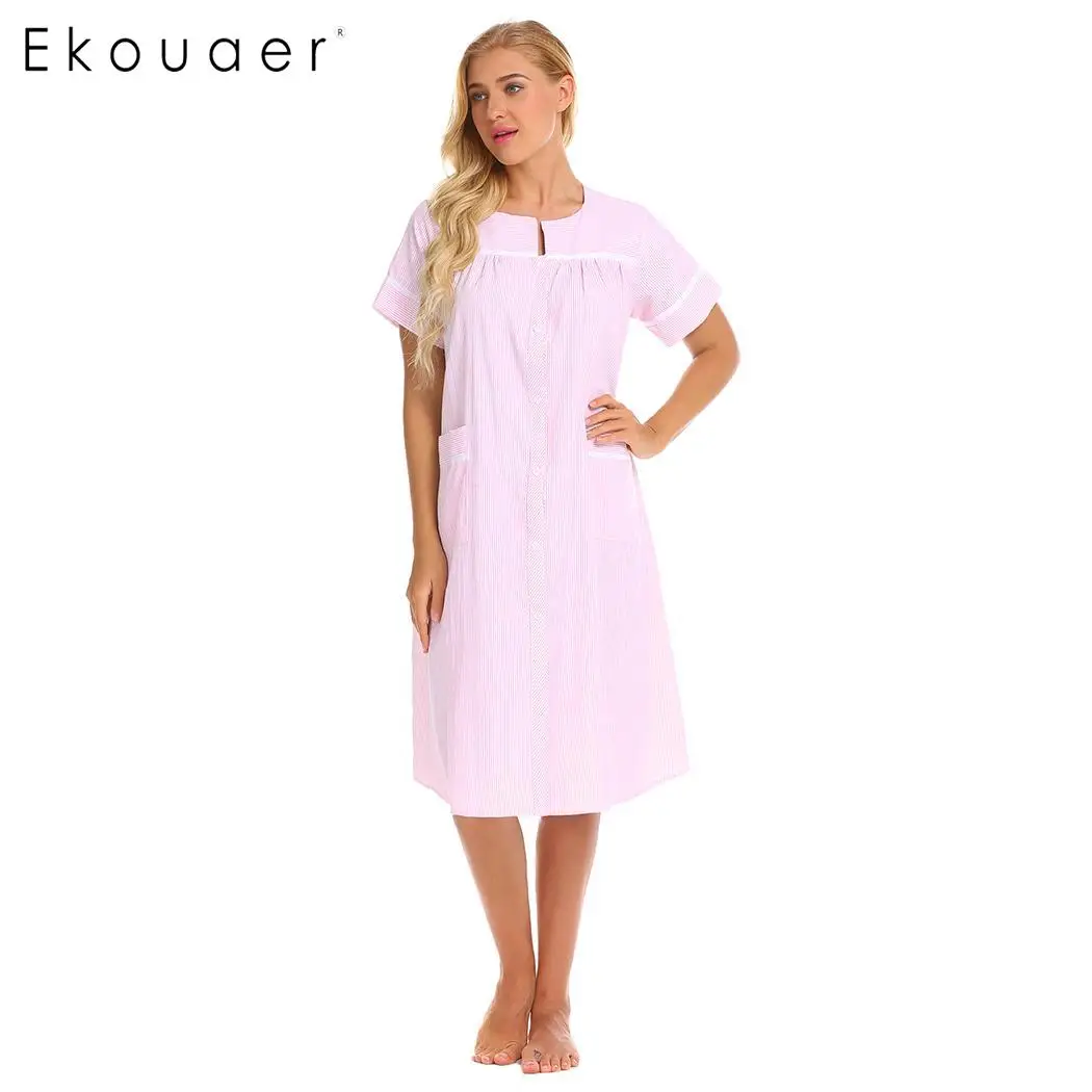 Ekouaer Down Striped Sleepwear Button Women Short Sleeve