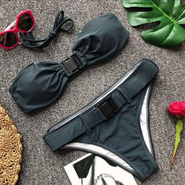 Bandeau Top buckle bikini high waisted solid swimsuit with belt buckle
