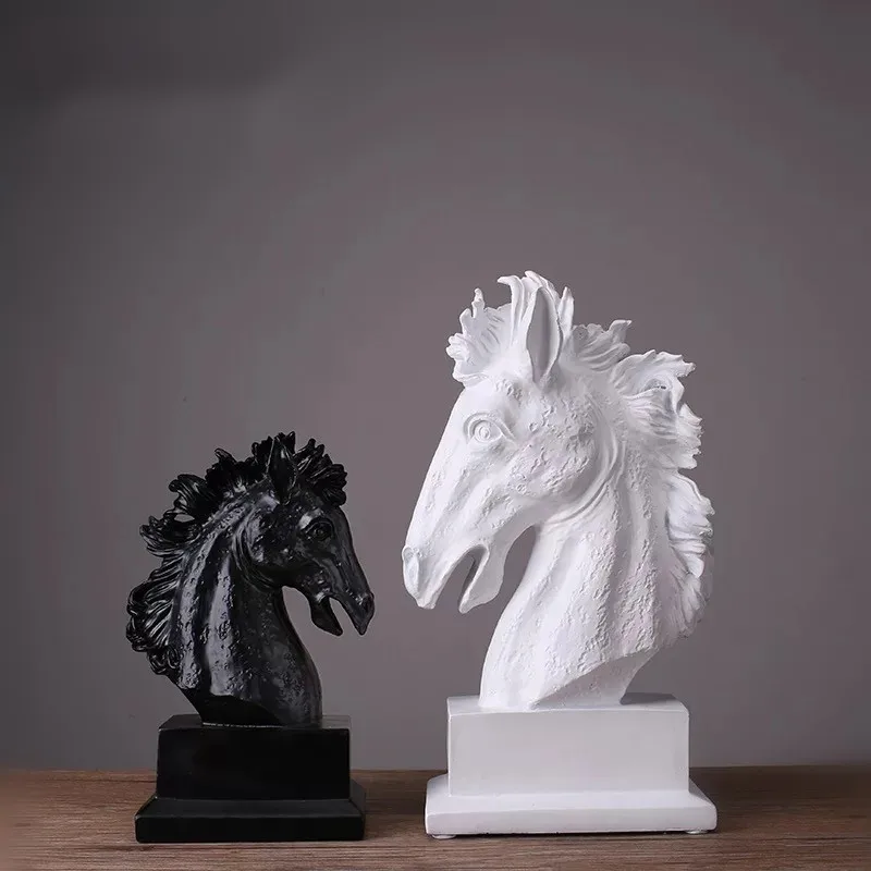 

European resin white black horse head sculpture home decor handicrafts animal art figurines room decorations wedding gift