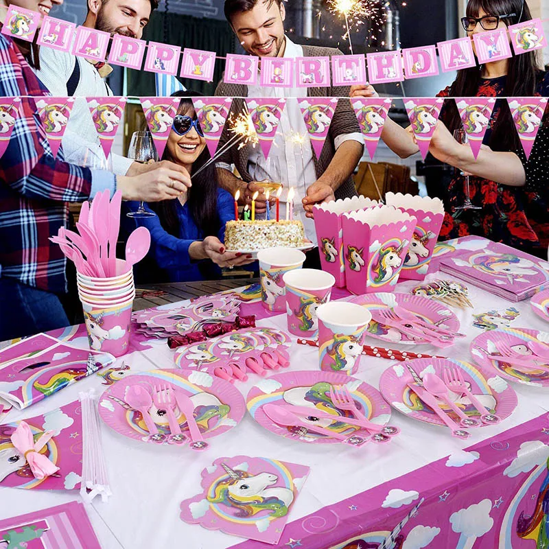 

Unicorn Party Supplies Disposable Tableware Paper Banner Bunting Unicorn Photobooth Photo Props Happy Birthday Party Decoration