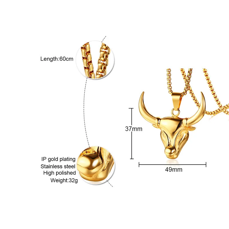 Бык голова мужское ожерелье с кулоном из нержавеющей стали золотой тон корова бык, Мул Телец рога племенные животные мужские ювелирные изделия 24"