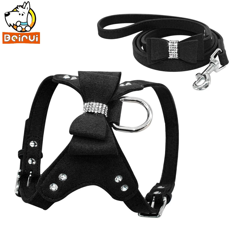 Suede Leather Dog Harness and Leash Set Rhinestone Bowknot Pet