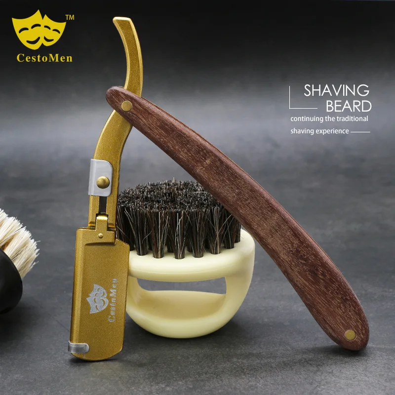 Wooden Handle Razor Manual Folding Blade Razor Retro Haircut Shaving double sided Stainless Steel Shaving Head 4