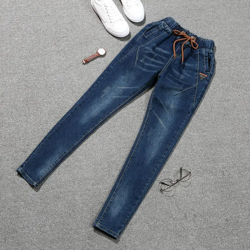 Эластичные женские джинсы, Плюс Размер, 5XL, повседневные, средняя талия, тонкие, тянущиеся, джинсовые, узкие брюки, синие, черные джинсы, QNS73