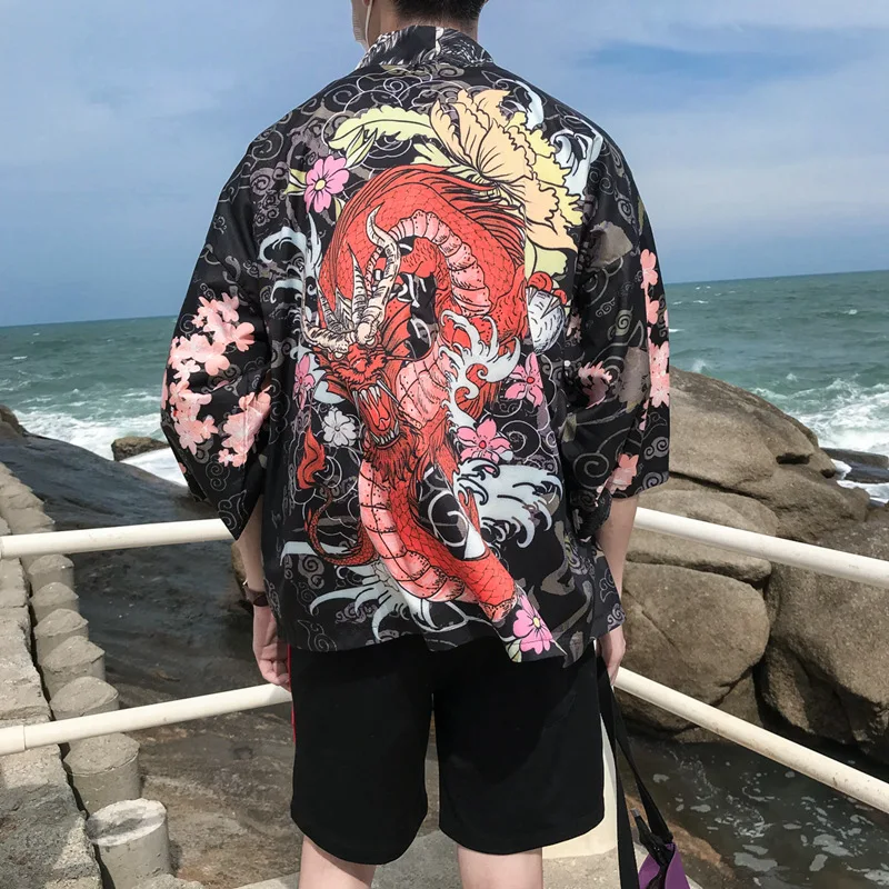

Dragon Printing Japanese Kimono Shirt Men Japan Style Mens Hip Hop Casual Open Stitch Shirt Male Fashion Streetwear Shirt