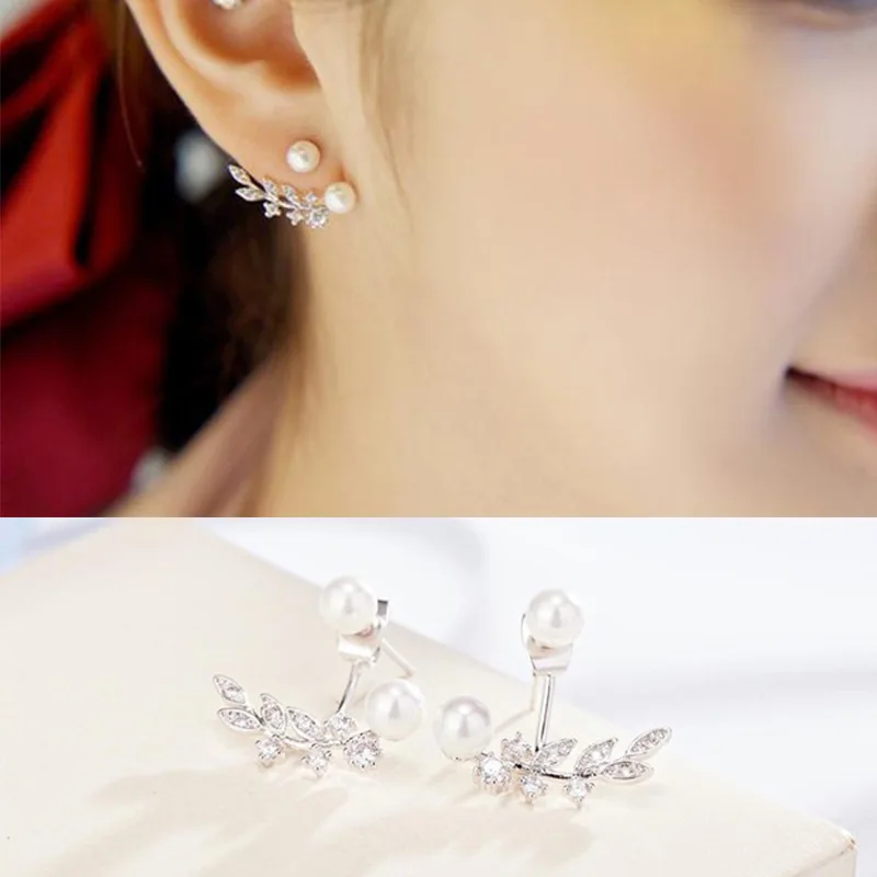 

Delicate Front and Back Pearls and Zircon Crystal Leaf Ear Jackets Women Wedding Engagement Earring Jewelry Gifts for Her