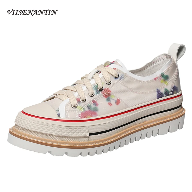 

VIISENANTIN Cake Platform Shoes Sweet Girls' Thick Bottom Canvas Sneakers PVC Patchwork Flower Printing Fashion Shoes Women