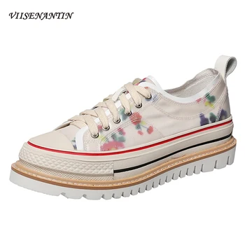 

VIISENANTIN Cake Platform Shoes Sweet Girls' Thick Bottom Canvas Sneakers PVC Patchwork Flower Printing Fashion Shoes Women