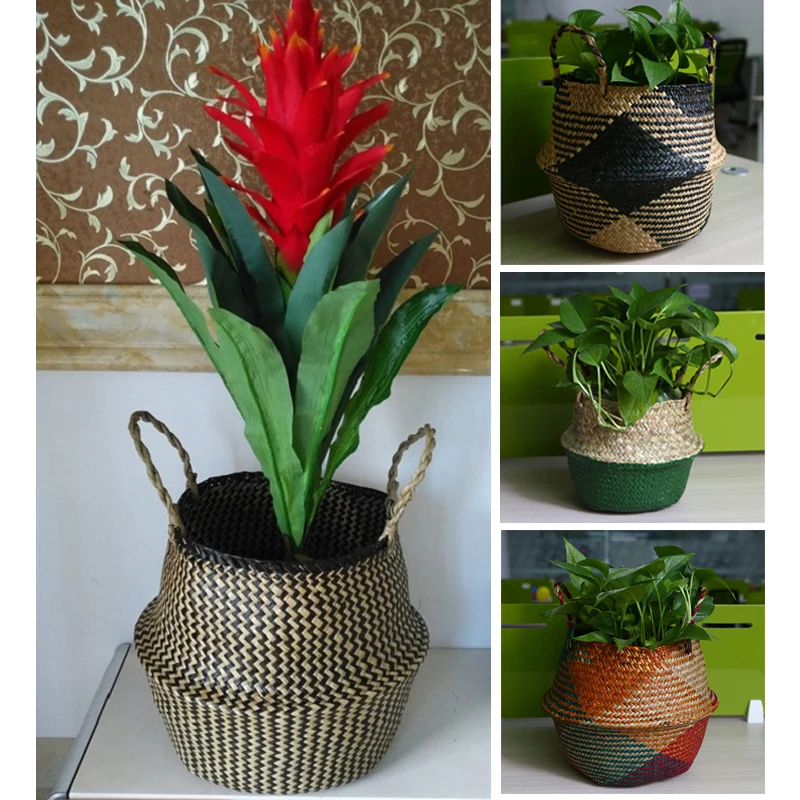 WHISM Folding Seagrass Flower Basket Multifunction Laundry Storage Baskets Garden Flower Pot Planter Decoration Home Organizer