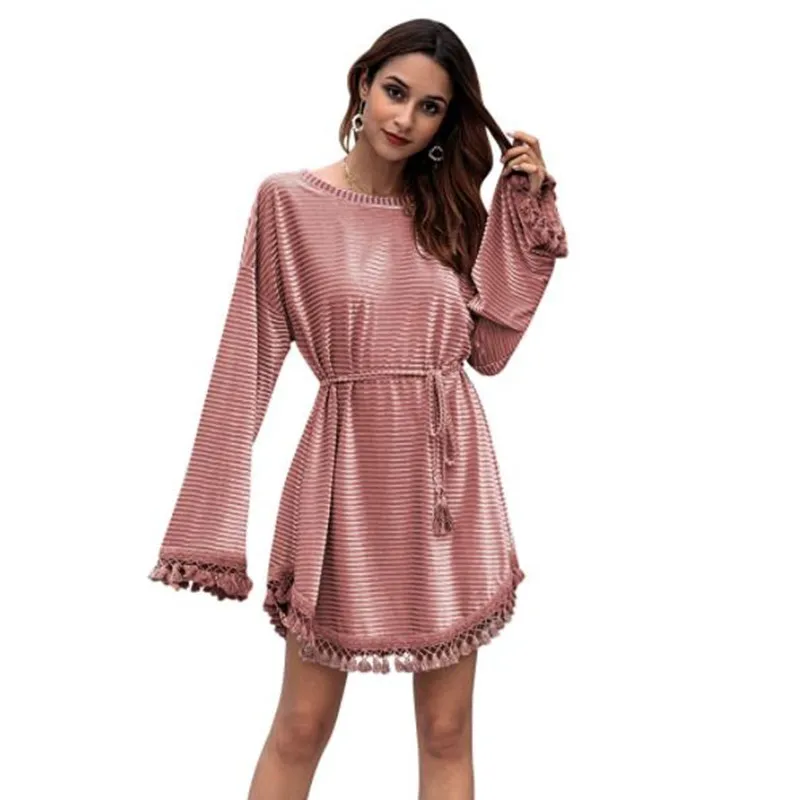 spring autumn long sleeve velvet fringe dress women casual o neck loose