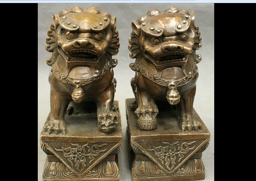 

zhaorui4884308+ +7" Chinese Bronze Copper FengShui Guardian Fu Foo Dog Lion Beast Statue Pair