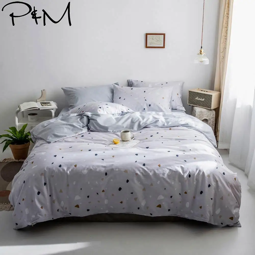 

2019 Simple Geometric Print Light Grey Twin Queen King Size Flat Sheet Fitted Sheet Duvet Cover Set Soft Cotton Bedding Set