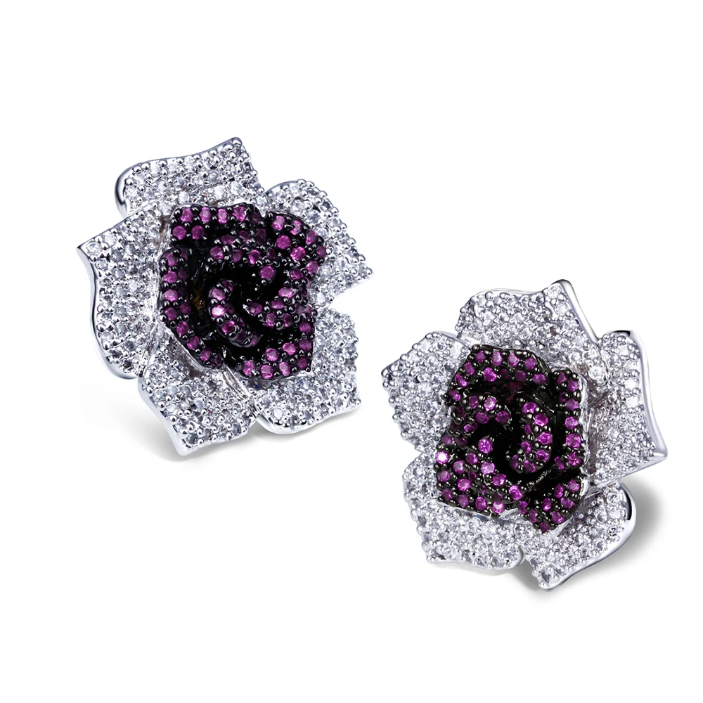 Beautiful large stud earring Pave Green Siam Olivine crystal color stones Rhodium plate jewelry women big rose flower earrings