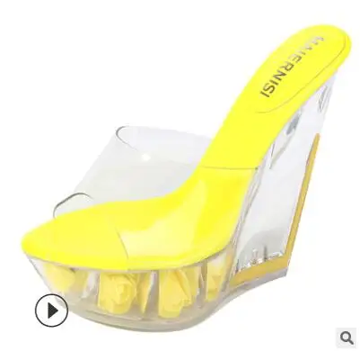 Пикантные летние модные босоножки на высоком каблуке 12 см; шлепанцы; прозрачные туфли на платформе с украшением кристаллами; прозрачные сандалии; пляжная обувь - Цвет: Цвет: желтый