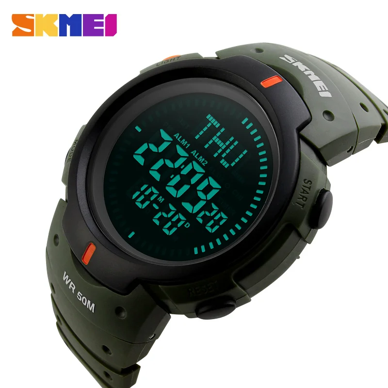 SKMEI мужские спортивные часы для альпинизма, пешего туризма, цифровой светодиодный наручные часы, мужские спортивные часы с компасом и хронографом - Цвет: green
