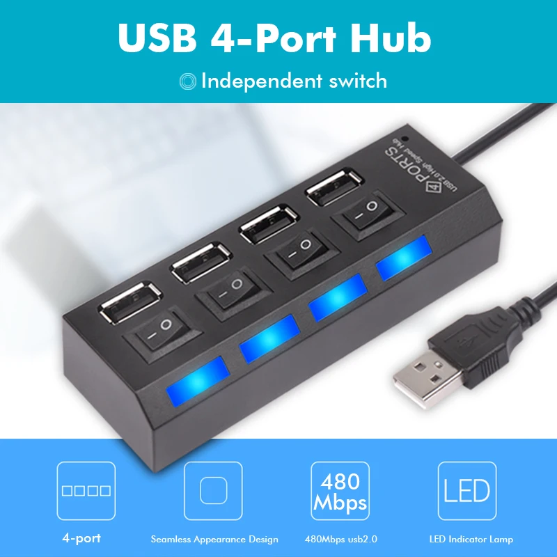 USB 2,0 концентратор Мульти USB порт скорость 480 Мбит/с хаб 4 порта концентратор с вкл/выкл. Переключатель USB разветвитель для ПК Компьютерные аксессуары usb концентратор