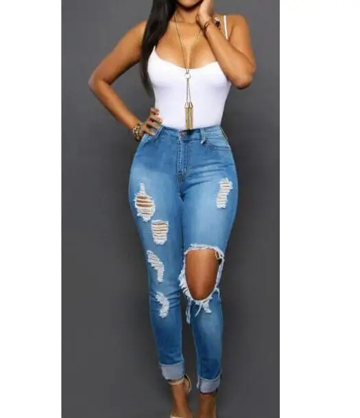 

New Women's Cotton High Waist Denim Jeans Ripped Elastic Skinny Pencil Pants Big Hole Jeans 8047