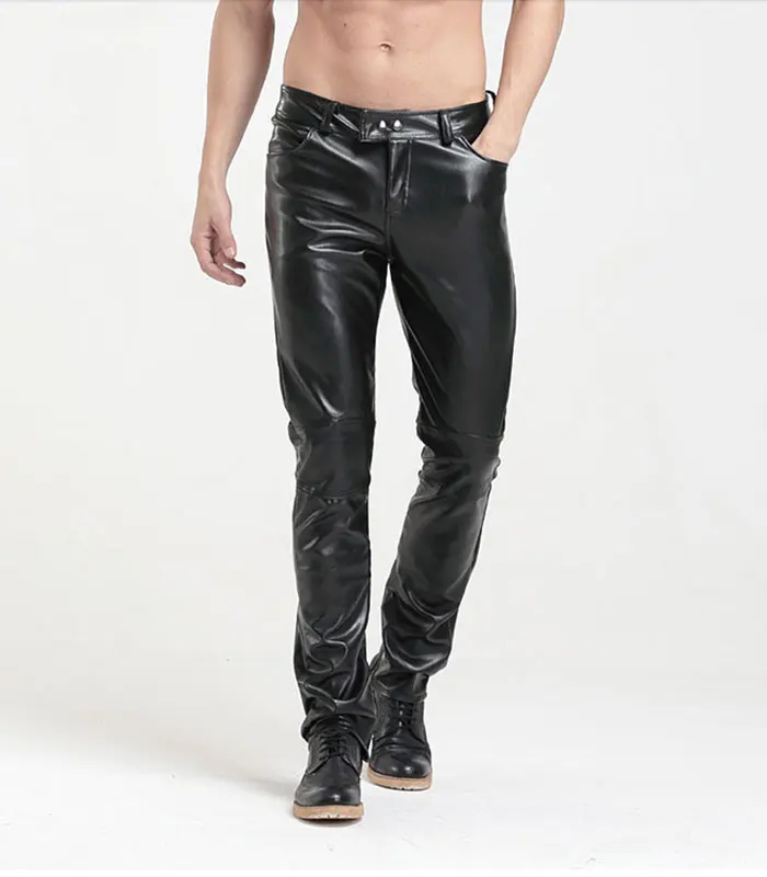 Мужские Nigthclub Slim Fit эластичный черный искусственного кожаные брюки, мужские Бизнес плотные эластичные штаны из искусственной кожи Блестящие Брюки-карандаш