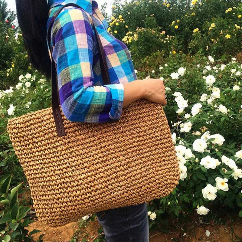 

hand-woven Large Capacity Straw Bags for Women Handmade Woven Travel One Shoulder Casual Summer Beach Bags Drawstring Bags Tote