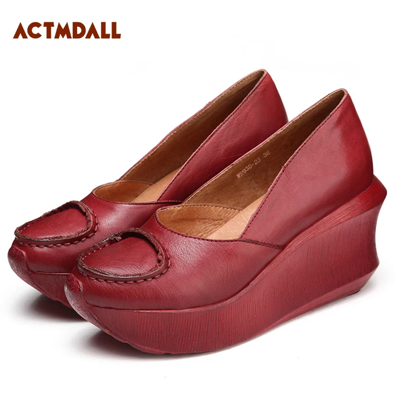 

Handmade shoes woman 2019 spring leather women pumps thick sole high heel platform ladies shoes round toe red and coffee