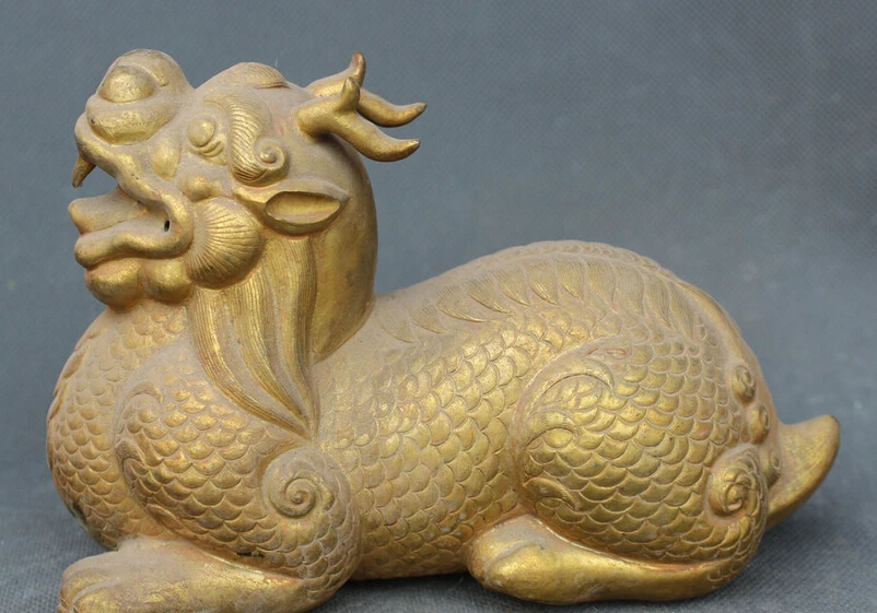 

Fast shipping USPS to USA S2393 Old Chinese Copper Gild Dynasty Palace Bixie Dragon Beast Kylin Chi-lin Statue