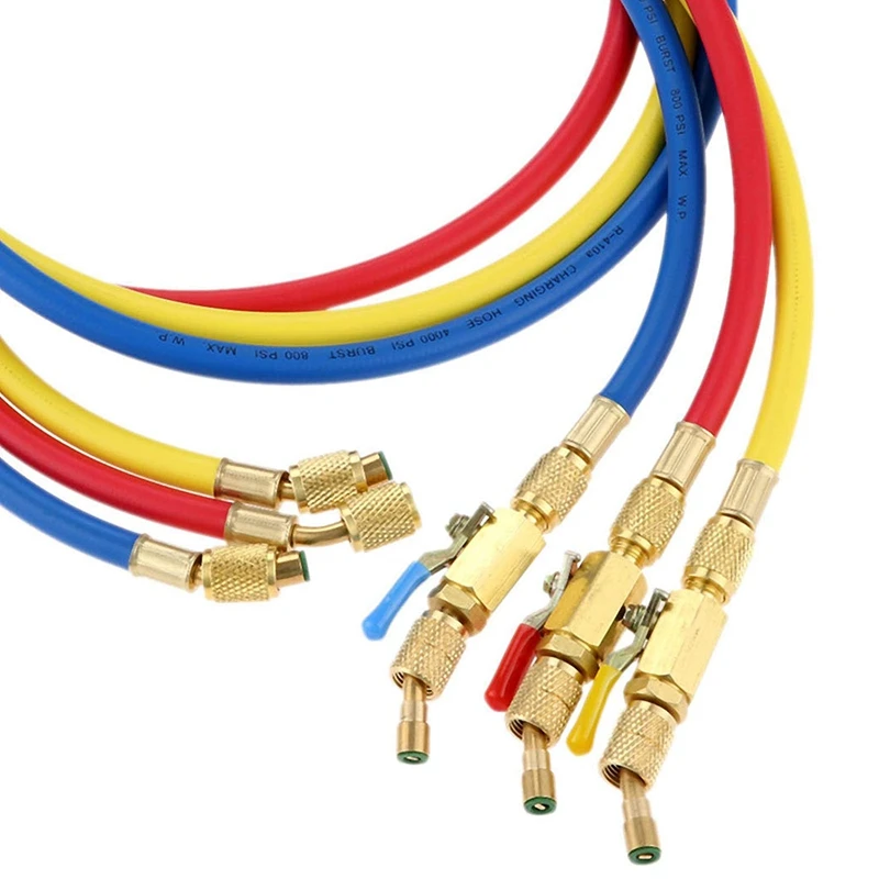 60 R410A Hoses with Ball Valves for R22 R410a R404a R134a refrigerant manifold gauge set 3 Color Hoses in Red Blue Yellow